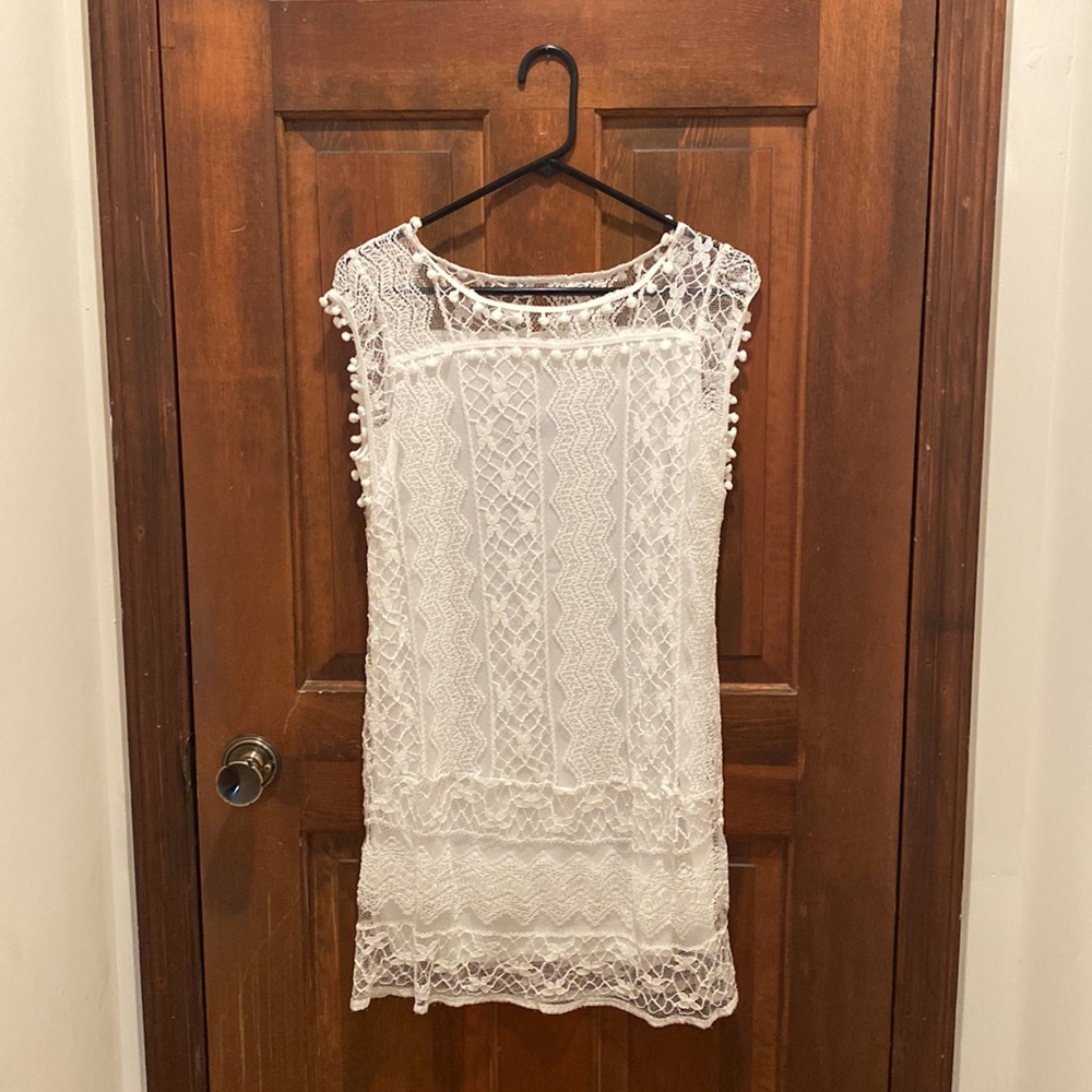 Lacey, fully lined, white, above the knee dress. Size L! Tags attached